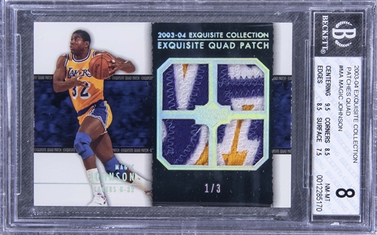 2003-04 UD "Exquisite Collection" Patches Quad #MA Magic Johnson Game Used Patch Card (#1/3) – BGS NM-MT 8